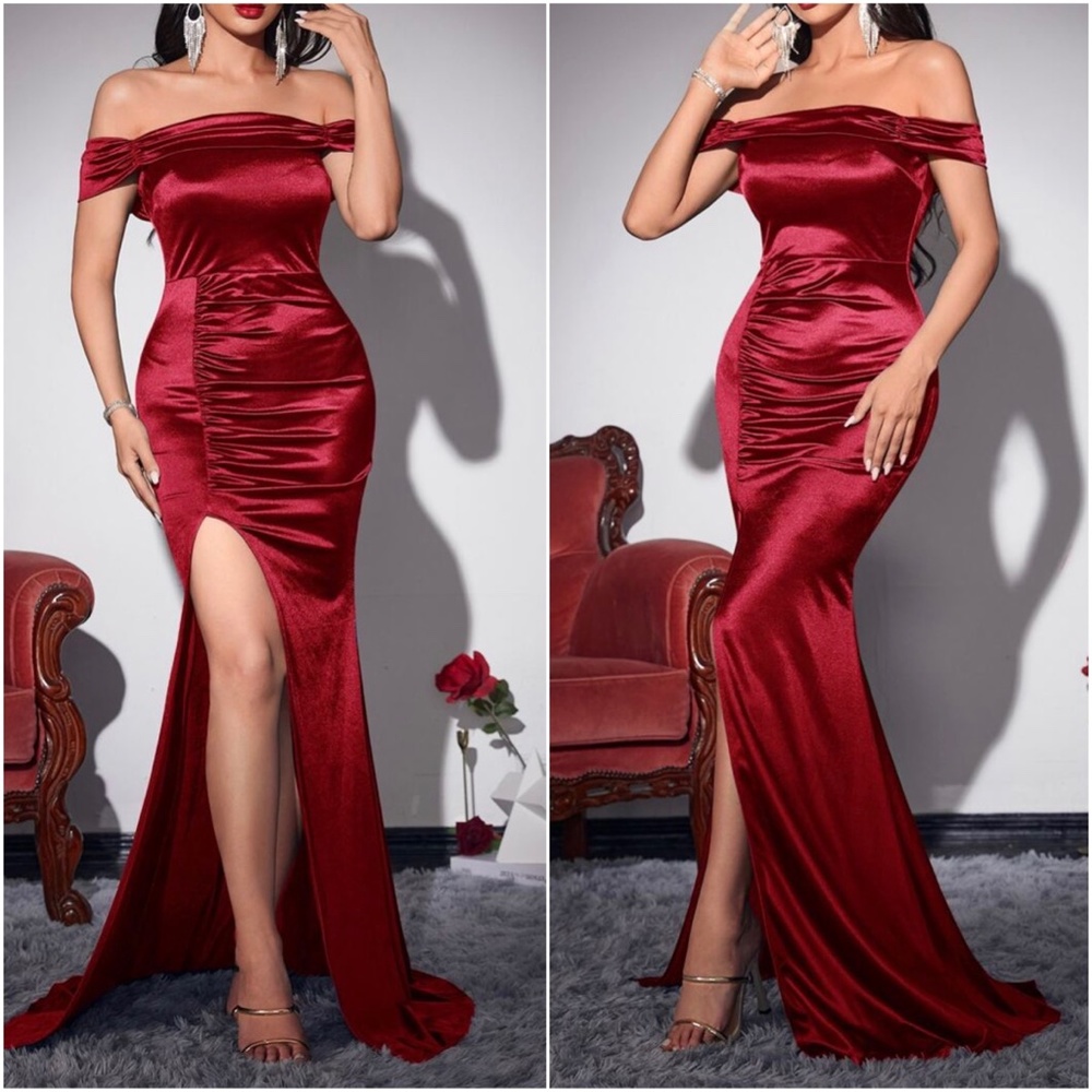 Luxurious Blue Off Shoulder Slit thigh formal party evening wedding prom… - Picture 3 of 9